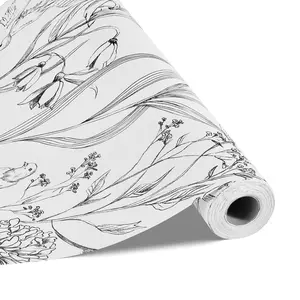 Peel and Stick Wallpaper, 17.7x393.7 in Waterproof Self-Adhesive Contact Paper, White Line Art Botanical Floral Vinyl Roll, Easy-to-Clean Wall Decor for Bedroom, Kitchen