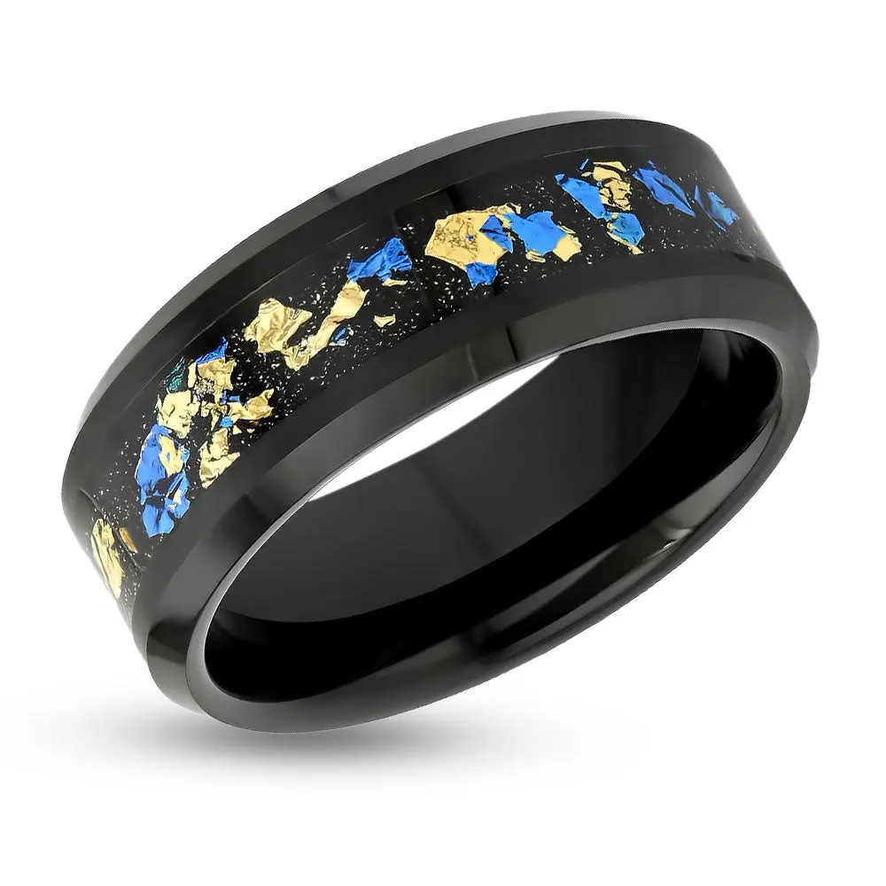 Gold Foil Wedding Ring - Black Wedding Ring - Tungsten Carbide - 8mm Wedding Ring - Comfort Fit