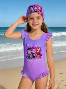 Girls' Huntrix Cartoon Girl Print One-Piece Swimsuit, Cute Ruffle Hem, Quick-Dry Breathable, Beach Vacation Gift, Birthday Present