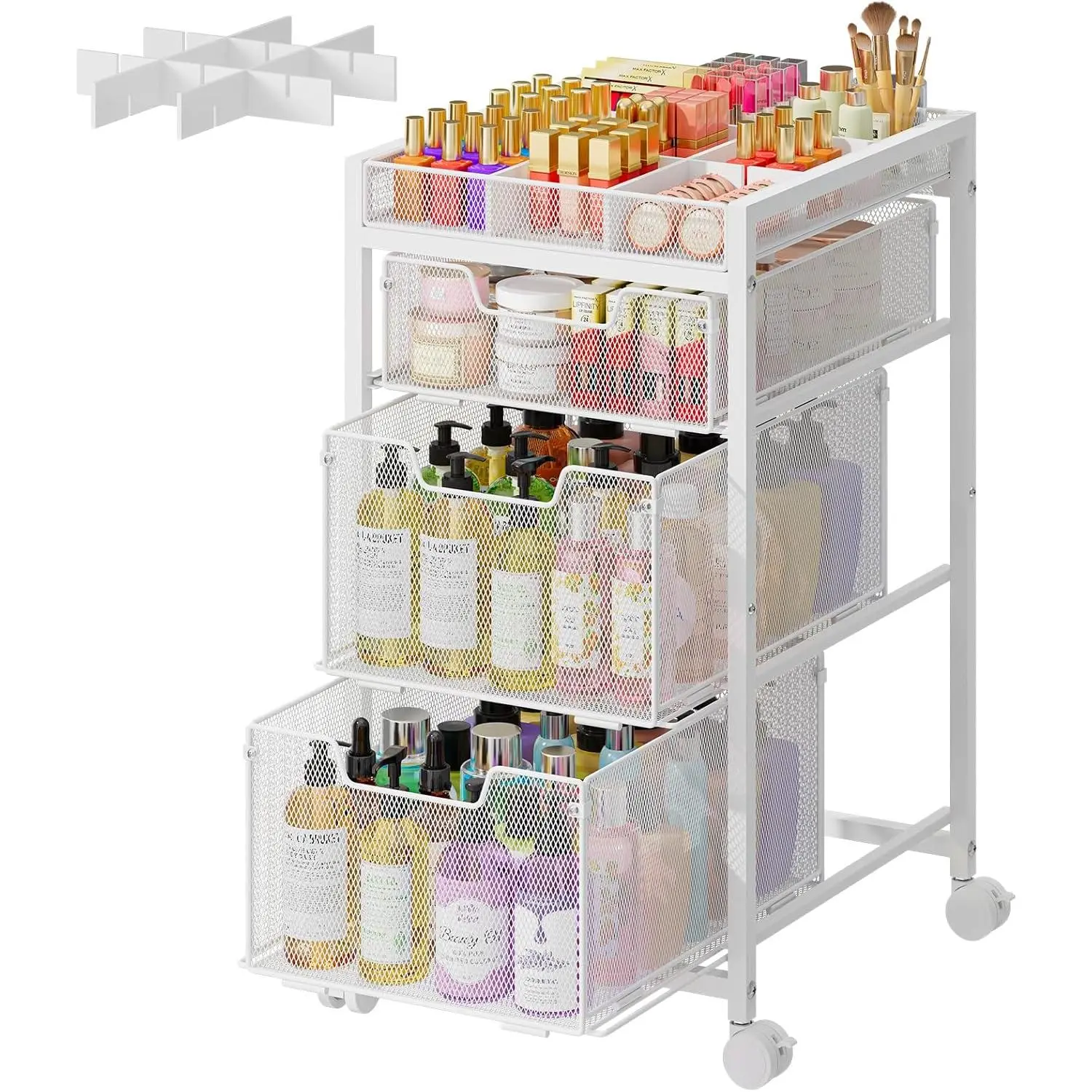 Rolling Makeup Cart Organizer with 3 Drawers,  Display with Dividers, Floor Skincare Storage with Wheels, Versatile  Organizer for  Polish Perfume Brush Hair Tool, White
