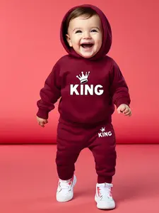 Cute Boy Toddler Junior Casual Sports Set, Simple Cartoon Crown Letter Print Fall Clothes Set, Hooded Sweatshirt Pants Hoodies, Spring