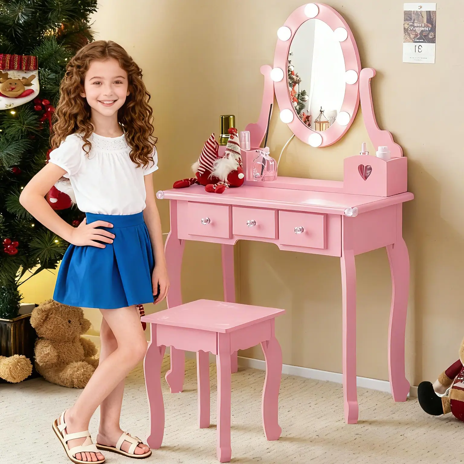 Macaroon Pink Wooden Vanity Desk and Chair Set for Girls - Kids' Indoor Furniture Set with Vanity with Lights, 3-Color LED Lighted Mirror, Makeup Storage Rack, Brush Holder, Durable and Safe Construction, Sturdy Legs
