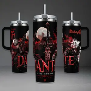 Dante Devil May Cry Awakened Tumbler, DMC Legendary Devil Hunter 40oz Cup with Handle, Rebellion Sword Action 20oz Stainless Steel Travel Mug, Gamer Gift, Dante Inspired Insulated Tumbler Featuring Epic Red & Black Design.