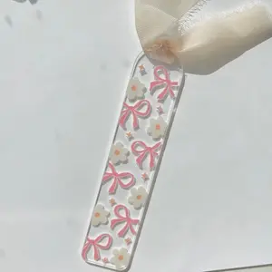 White Flowers and Pink Bows Bookmark - Clear Design with Floral and Pink Bows