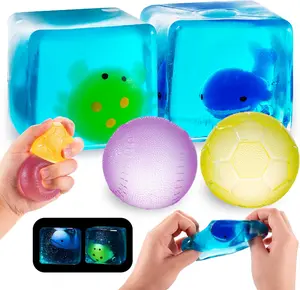 4-Pack Glow-in-the-Dark Squishy Fidget Toy Set - Slow-Rise Sensory Gel Balls, Cube, Malt Sugar Squishies for Stress Relief, Ideal for Kids' Outdoor Play
