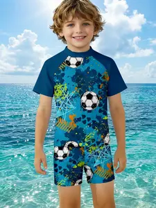 Boys' 3D Soccer Print Swimwear Set, Street Graffiti Style Short Sleeve Shorts Two-Piece, Fashion Outdoor Sports, Birthday Gift, Holiday Gift