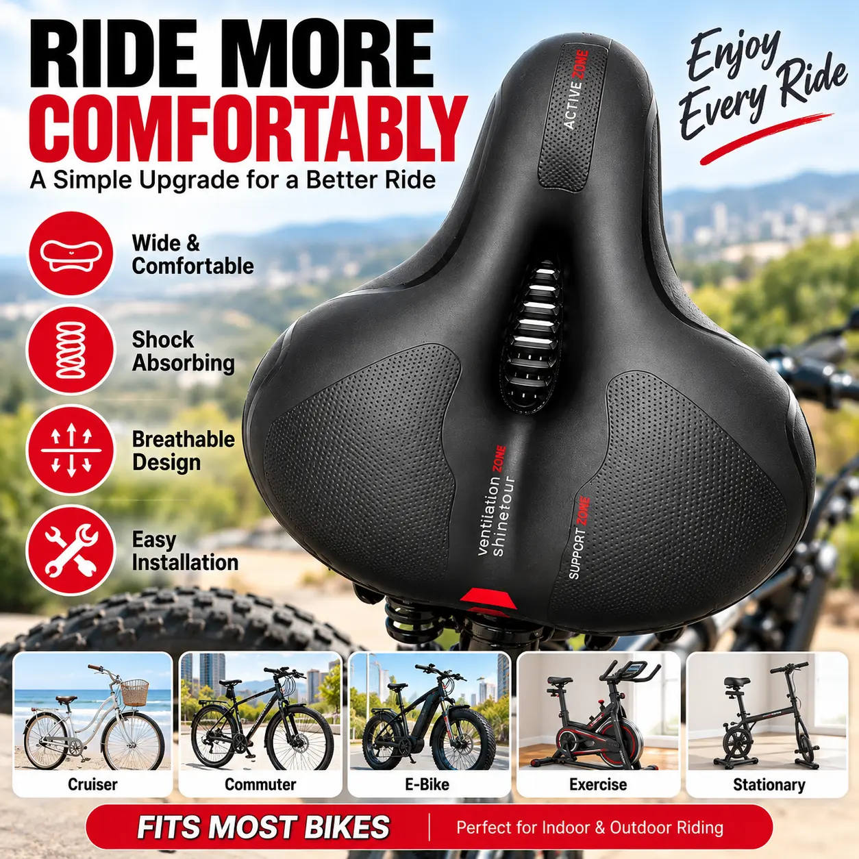 Wide Comfortable Bike Seat for Men & Women, Dual Shock Absorbing Ball Memory Foam Bicycle Saddle, Waterproof & Breathable Cushion for Road Bikes & More