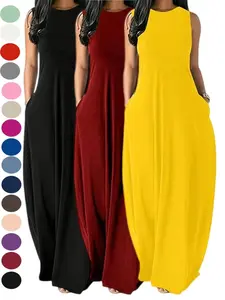 2026 womens casual solid black NO sleeve maxi dressfitted Lightweight Casual Wear