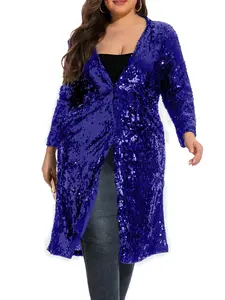 610 - Long Sleeves Full Sequins Open Front Duster Cardigan Cover-up Jacket Coat Womenswear Blue