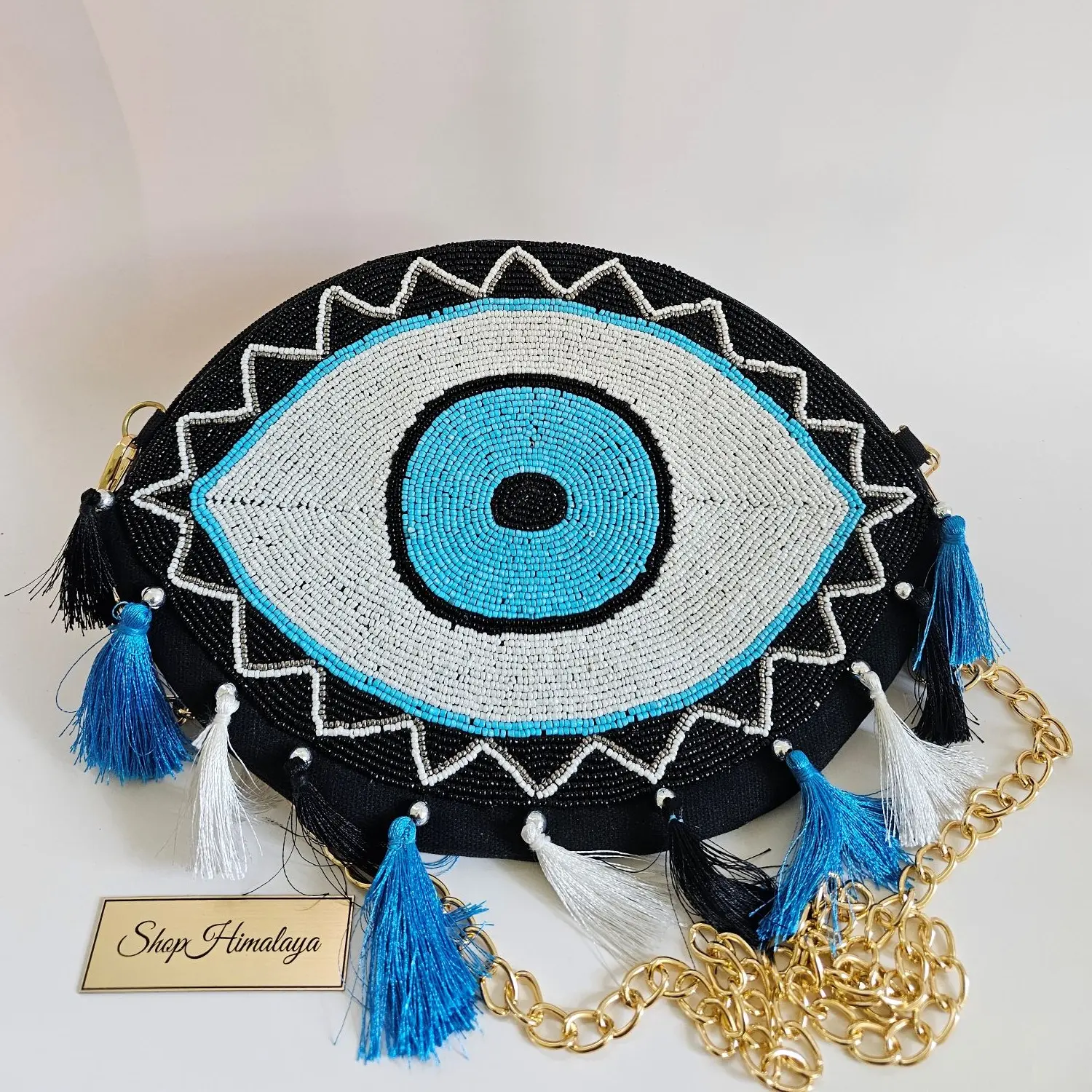 Handcrafted All-seeing Eye Beaded Tassel Crossbody Bag with Gold Chain Strap Multi-colored Tassels Evil Eye/Nazar Bag Cotton & Beads 12"x8"