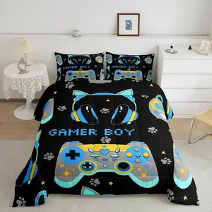 Cartoon Gamer Boy Bedding Set,Cute Black Gamer Comforter Set,Cat Headphones Duvet Set,Game Room Decor Bedroom Home Decor Quilt Set