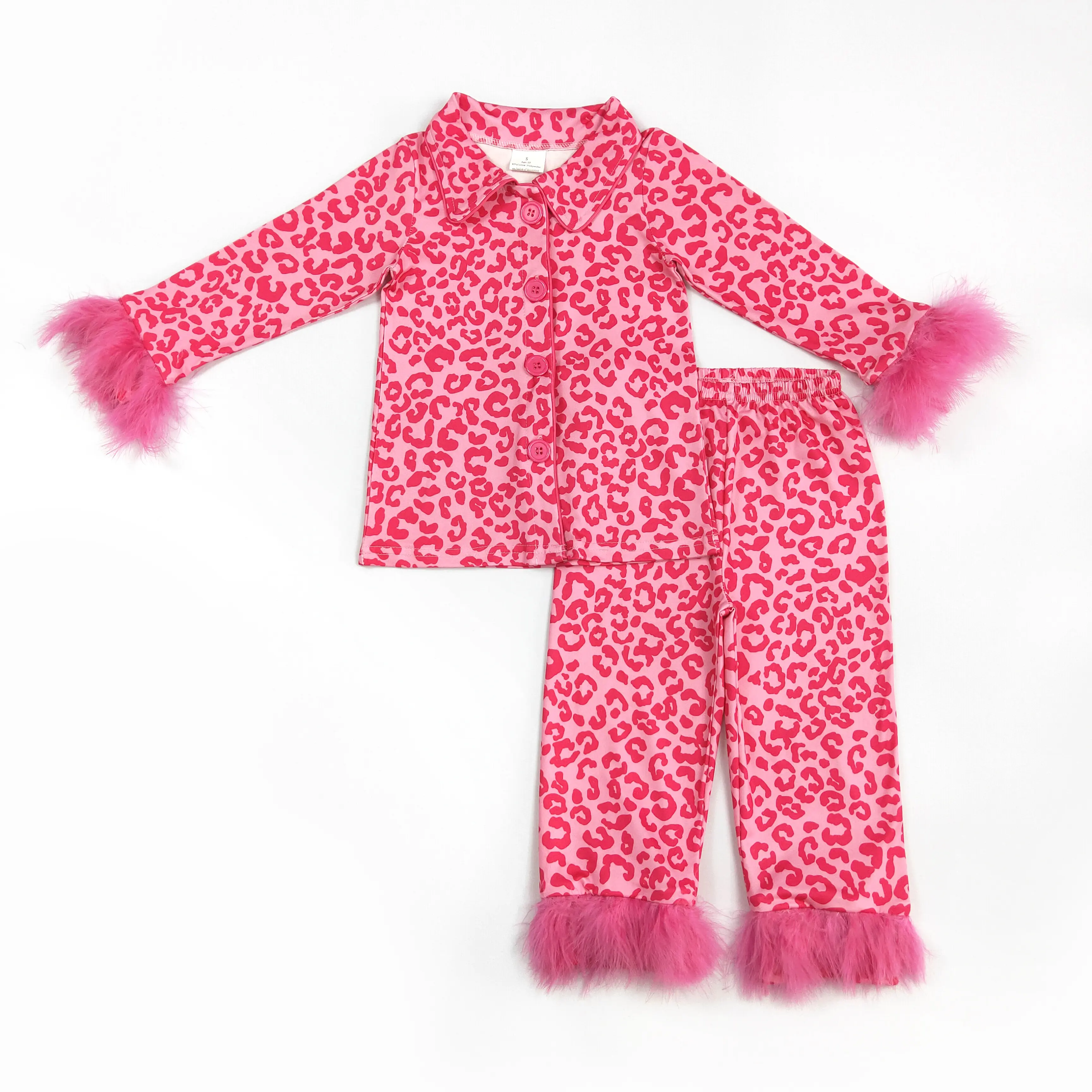 Girls' Cozy Hot Pink Leopard Print Long Sleeve Feather Pajama Outfit - Soft Material, Snug Fit, Cute Pajama Sets