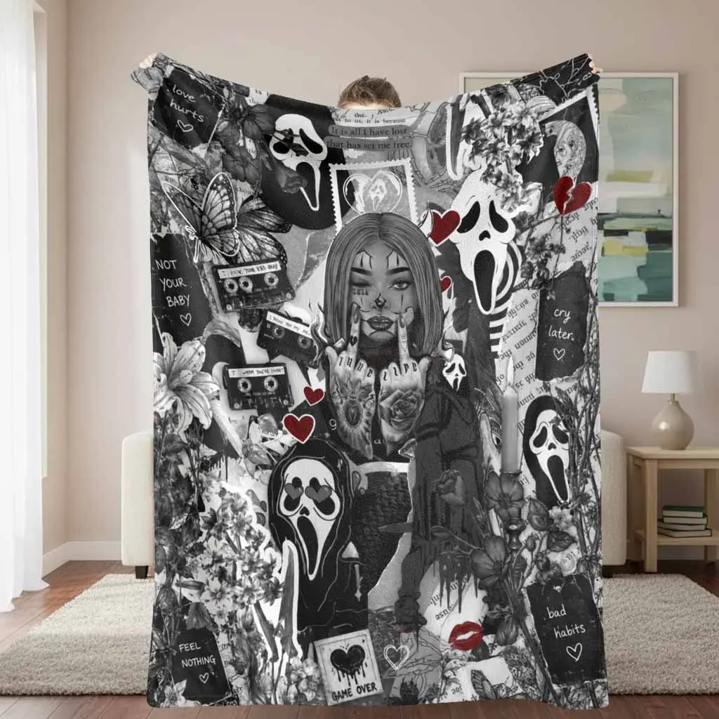 Gothic Aesthetic Flannel Blanket Dark Grunge Aesthetic Print Super Soft Lightweight Warm Cozy Throw Fuzzy Plush Bedspread For Bedroom Living Room Couch Sofa Camping Travel Housewarming Gift Idea
