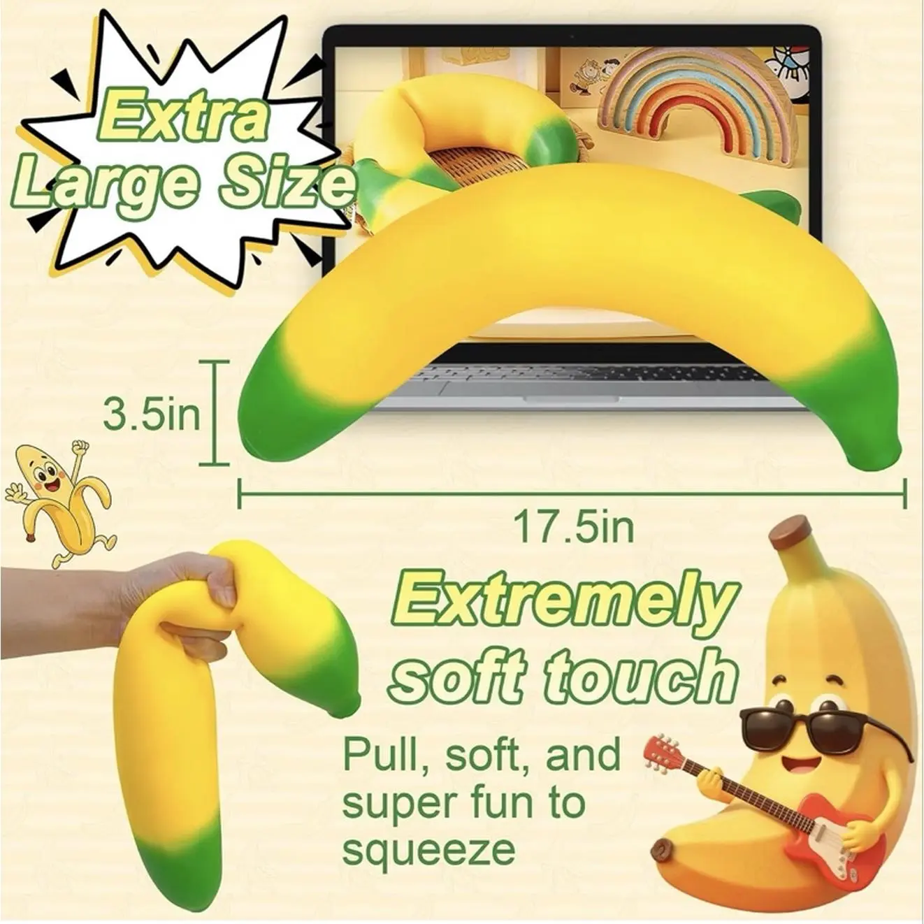 Giant Banana Squishy - Extra Large Size 17.5in Extremely Soft Touch Pull Soft and Super Fun to Squeeze