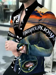 Men's Breathable Collared Long Sleeve Catfish Fishing Graphic Print Shirt