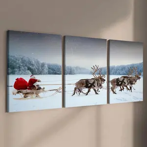 Wooden Framed Canvas Painting, 3 Counts/set Santa Claus & Reindeer Pattern Wall Art, Wall Decor for Home Living Room Bedroom Office