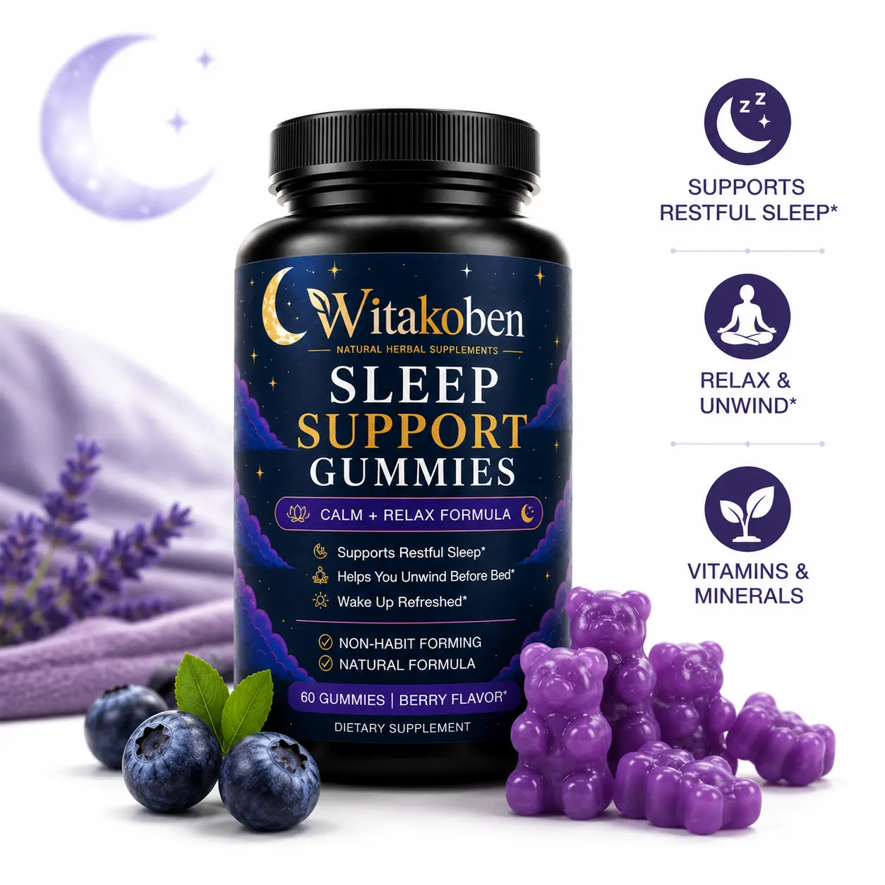 WITAKOBEN Adult Sleep Support Gummies, 60 Chewable Berry Flavor Wellness Supplements with Vitamins, Minerals, Melatonin & Total Carbohydrate for Nighttime Relaxation & Calm Bedtime Routine