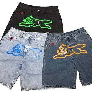 Men's European & American Hip-hop Flying Dog Printed Vintage Denim Shorts, Size 26, Summer High Street Trendy Ins Casual Men's Five-Point Pants