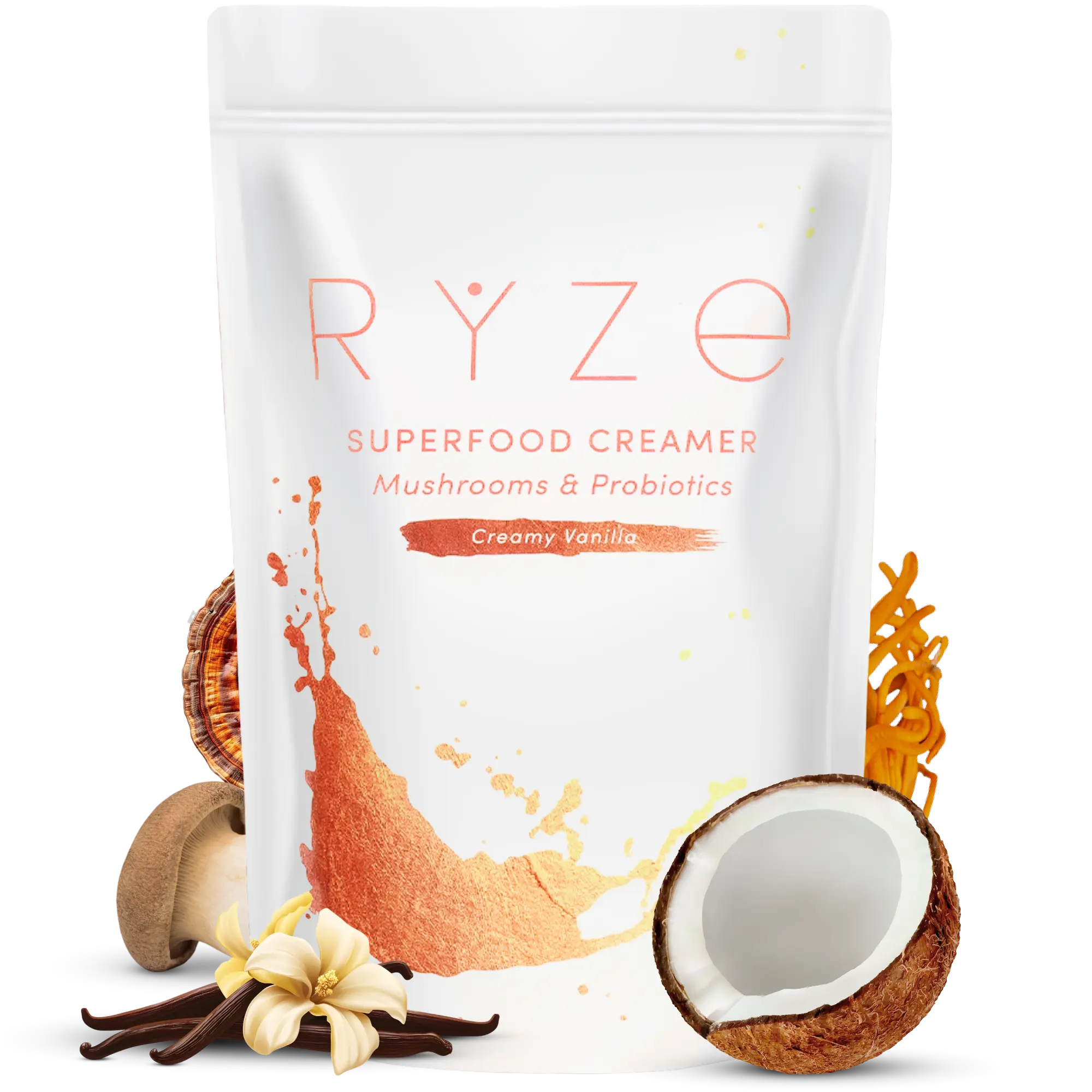 RYZE Superfood Probiotic Coffee Creamer with 6 Organic Adaptogenic Mushrooms & Probiotics for Energy, Focus, Digestion with USA Grown Turkey Tail, Shiitake, Lion's Mane, Reishi, Gluten Free 30 serving
