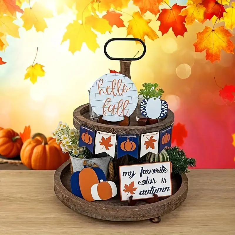 Wooden Fall Decoration Set, 13pcs/set Pumpkin & Maple Leaf & Truck & Letter Pattern Desktop Ornament, Home Decor for Living Room Bedroom Kitchen