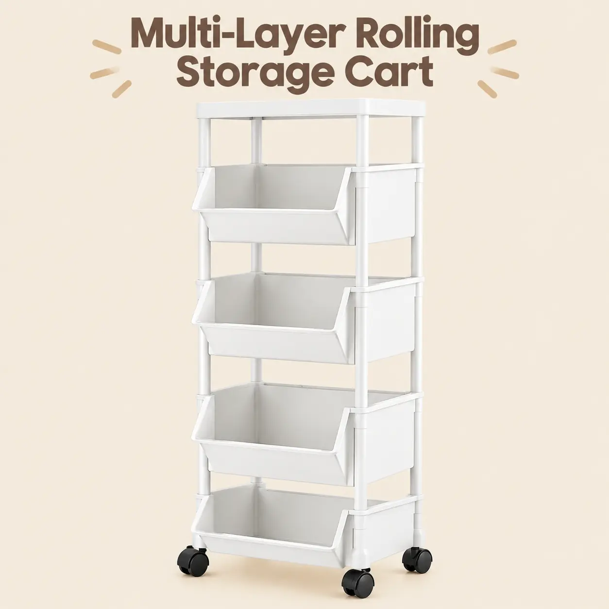 5-Layer Multi-Functional Plastic Household Cart with Wheels, Stackable Organizer Rack with Hooks - Storage Organization, Organizer Storage Solution for Bedroom, Kitchen
