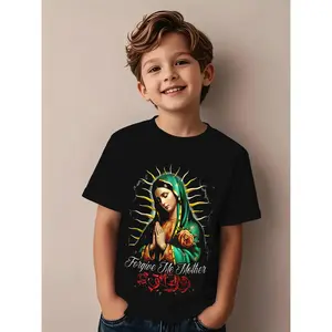 Kids' Religious Graphic T-Shirt - Our Lady of Guadalupe Catholic Apparel with "Forgive Me Mother" Prayer Tee - Soft Black Shirt for Boys & Girls - Everyday Church Outfit or Birthday Gift - Machine Washable, Children's Casual Wear, Festive Design