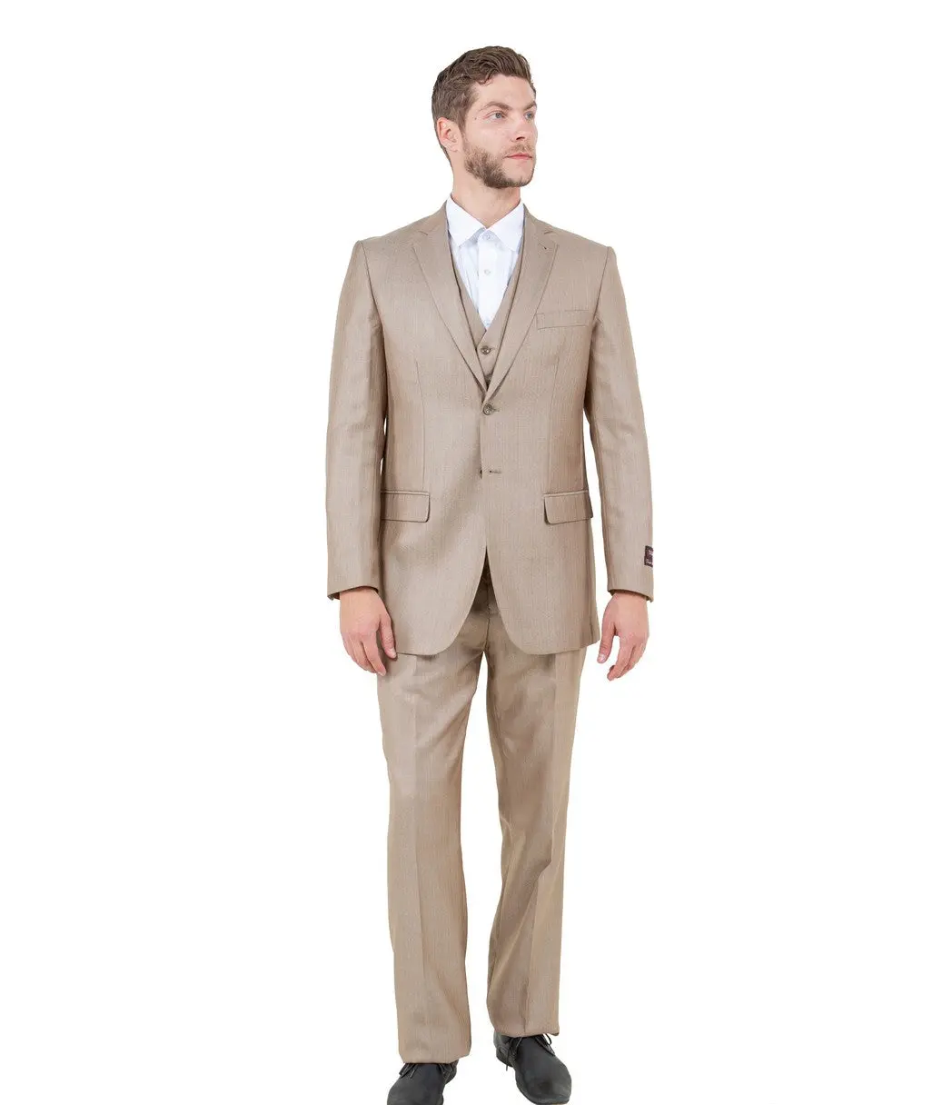 Textured 3-Piece Modern Fit Suit with Notch Lapel - Stone