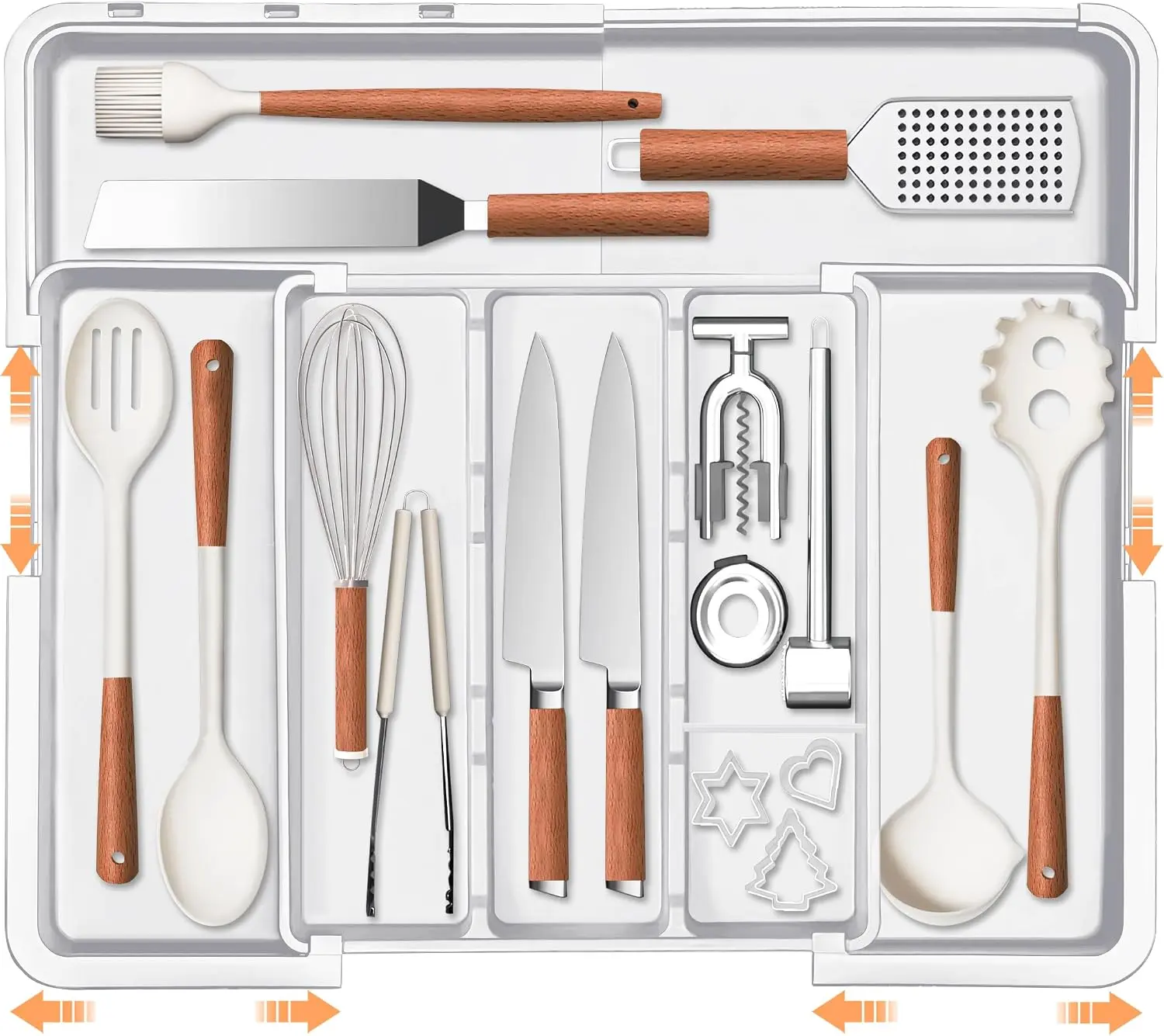Large Utensil Drawer Organizer Expandable Silverware Organizer for Kitchen Drawer Adjustable Cooking Utensil Holder Cutlery Flatware Tray Spatula Tools Gadgets Storage Dividers Plastic White