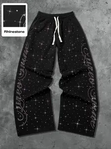 Street Life Streetwear Style Rhinestone English Text Straight Leg Sweatpants