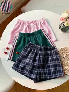 3-Pack Summer Shorts, Loose Fit Plaid & Striped Casual Pants, Elastic Waist, Ideal for Daily Wear, Travel, Campus Fashion