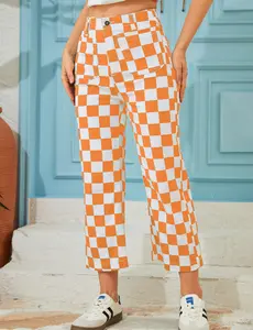 WIRDATRD Women's Cropped Jeans Checkered Pants Stretchy Straight Leg Trousers with Pockets for Fall And Halloween Outfits Womenswear Streetwear Bottom