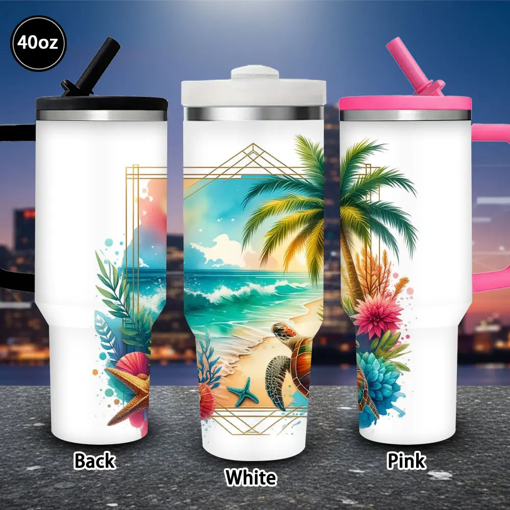1 pc 40 oz Reusable Tropical Ocean Turtle & Palm Tree Tumbler with Lid and Straw, Winter Insulated Travel Vacuum Flask, Gift for Women, Ideal for Valentine’s Day, Iced/Hot Coffee Kitchenware Drinkware, Reusable Tumbler, Coffee Thermal Cup