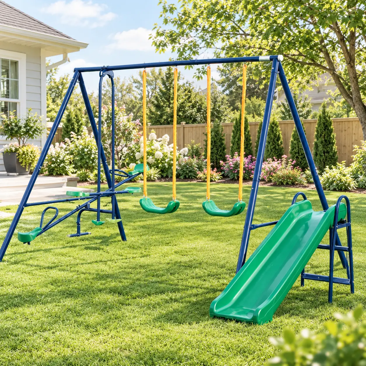 All-in-1 Unisex Kids Outdoor Playyard Gym Set & Swing - Heavy-Gauge Metal Frame, Polyethylene Slide, Seesaw, Assembly Kit for Garden, Yard, Ages 3–8, Playful Group Play, Outdoor Playyard Gym Sets & Swings