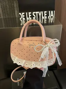 Sweet Polka Dot Bowling Bag for Women, New Lace Bow Handbag, Fashion Versatile Shoulder Crossbody Bag, Cute American Vintage Style