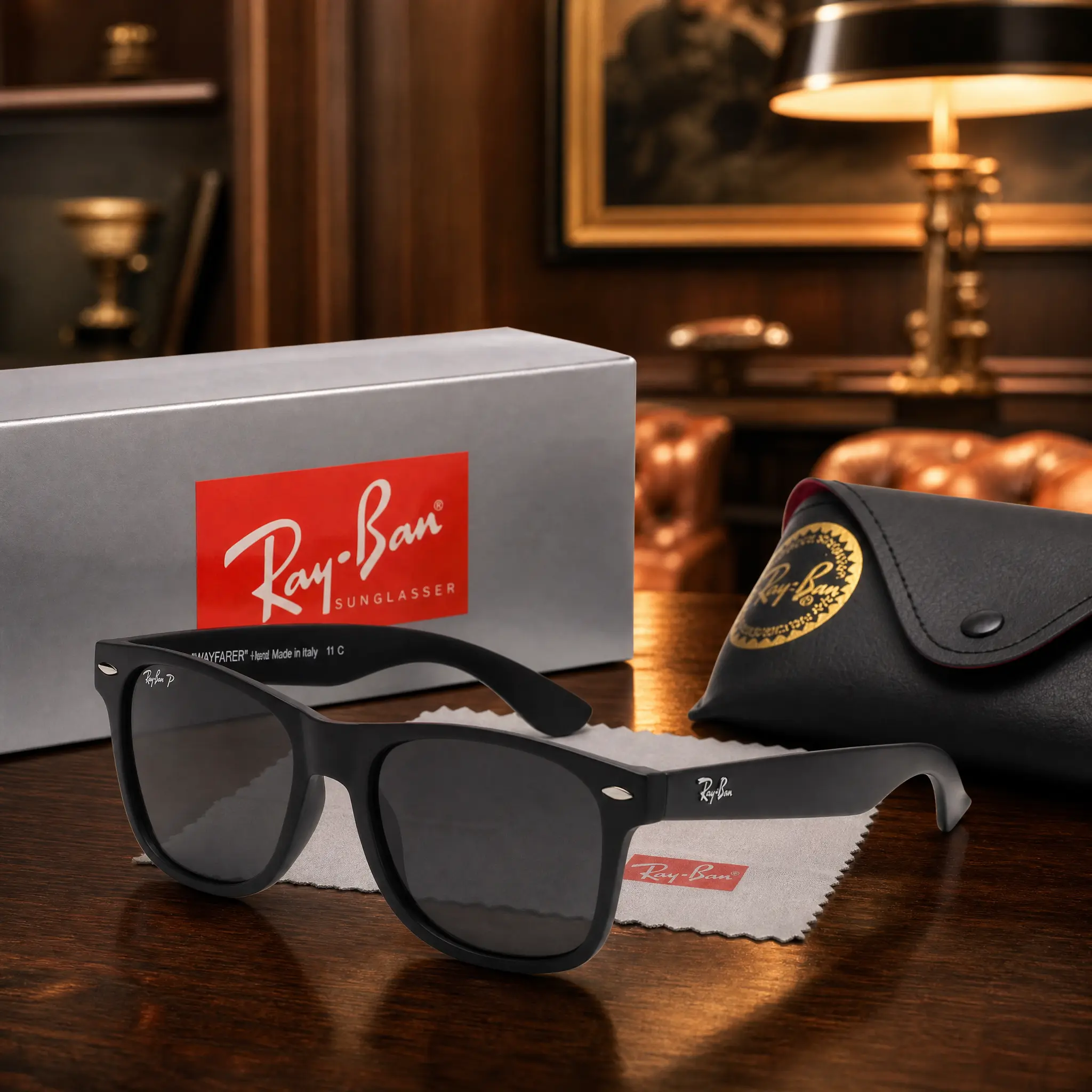 _Ray-Ban Wayfarer Sunglasses for Men & Women – Shiny Black Frame with Green Lenses FULL LOGO-FULL BOX