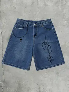 Vintage Y2K Aesthetic Baggy Denim Jorts for Men Women, Oversized Skate Hip Hop Jean Shorts with Chain Detail & Cross Pendant, Trendy Graphic Embroidered Loose Fit Denim Shorts, Piece, Streetwear Essential for Summer Casual Daily Wear TikTok Viral Fashi