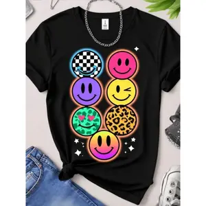 Colorful Smiley Face Graphic Tee For Women Oversized Vintage Wash Crewneck Short Sleeve Casual Streetwear Soft Cotton Summer Outfit