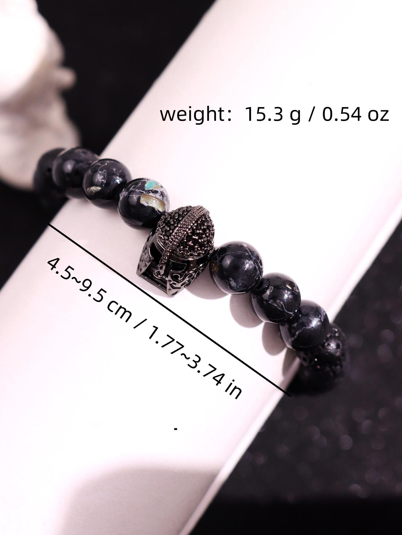 Pair of stylish, minimalist, luxurious, unique, cool, and refined bracelets featuring a Spartan helmet design and volcano stone beads for men—ideal for everyday wear, holidays, parties, and streetwear jewelry.