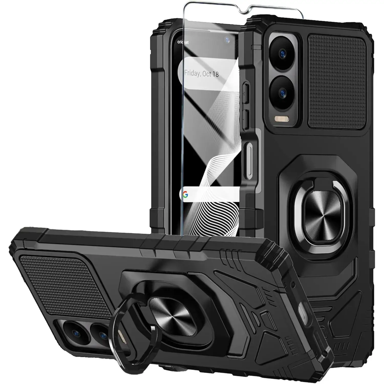 for Cricket Icon 6 Phone Case/AT&T Verge Case with Tempered Glass Screen Protector,Military Grade Heavy Duty Shockproof Protective Cover,with Ring Kickstand (Cricket Icon 6, Black)