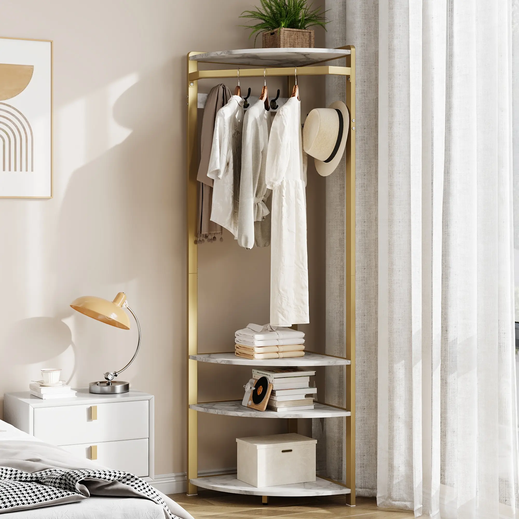 Modern Farmhouse Corner Coat Rack with Shoe Bench - Engineered Wood, 6 Double Hooks, 3-Tier Shelves, Top Shelf, Closet Organization, 33lbs Heavy Item Capacity, Easy Setup for Corner Space Entryway, Hallway
