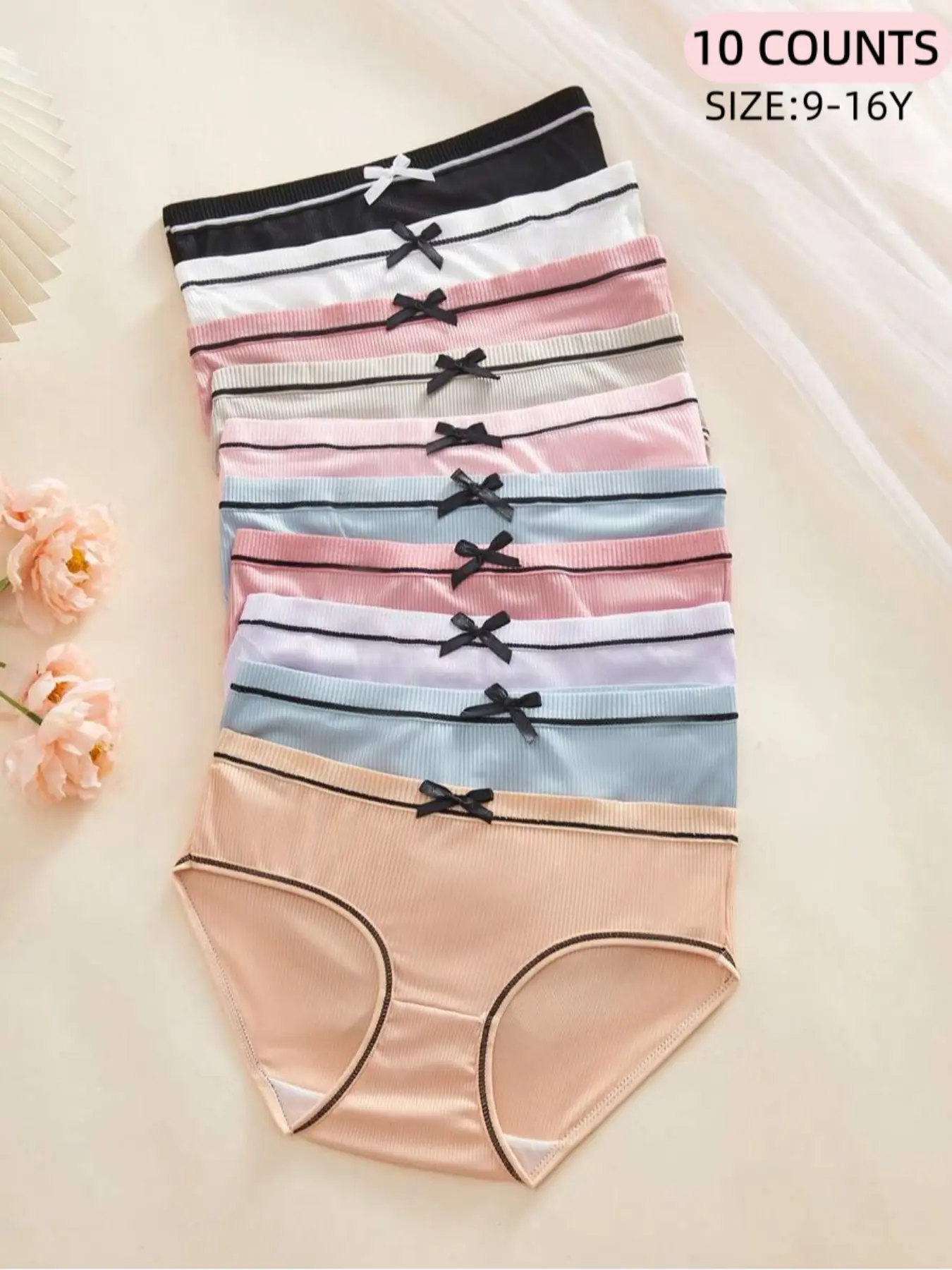 10 COUNTS Girls' Simple Casual Comfortable Breathable Girly Panties, With Cute Bow Design On Front Waistband, Student Underwear, Youth Underwear, Girl's Briefs for All Seasons,9-16Y, Under Clothing