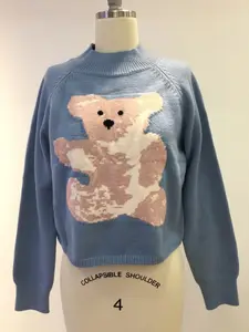 Women's Bear Pattern Cardigan Round Neck Raglan Sleeve Top Autumn and Winter Long Sleeve Sweater Casual Style Retail/Wholesale