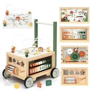 Joyreal Wooden Baby Walker - 9-in-1 Baby Push Walker with Activity Cube, Push Activity Walker for Boys and Girls, Sit-to-Stand Learning Walker Activity Center, Speed & Height Adjustable