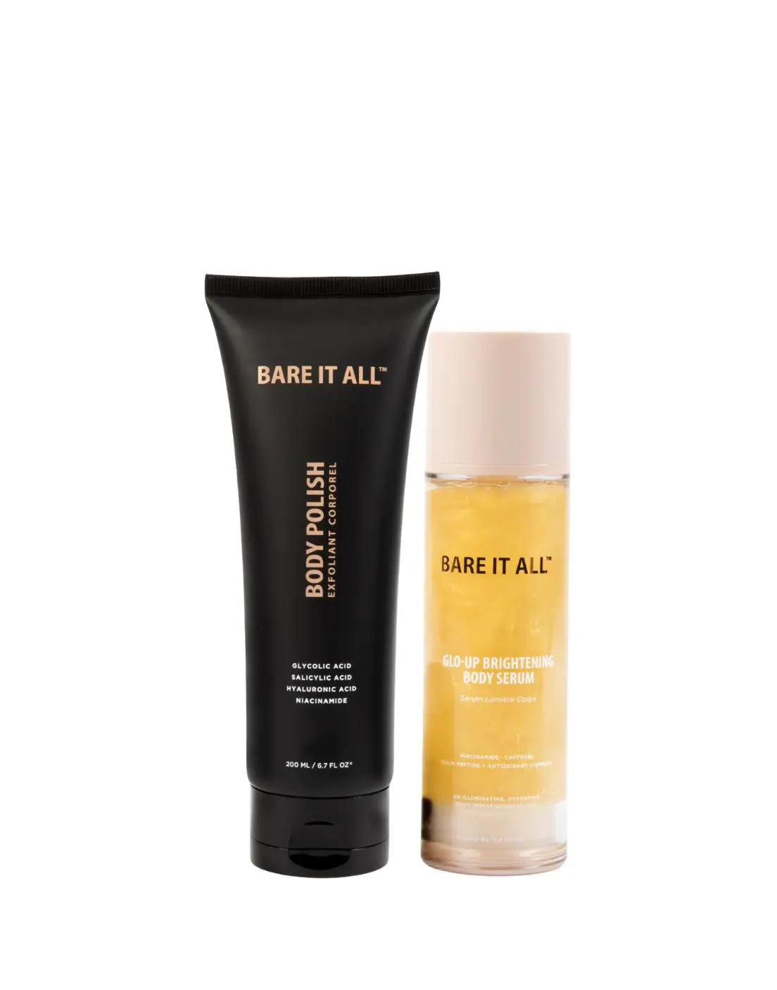 Bare It All Skin Brightening Kit - 2-Step Exfoliating & Brightening Body Set - Body Polish 200ml & Glo-Up Serum 100ml - Glycolic Acid, Niacinamide & Peptides - Glass Skin Finish - Evens Tone & Firms - Vegan & Cruelty-Free - For Women