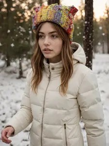 Women's Bohemian Street Style Gradient Tie-Dye Knit Beanie Fitted Hat, Multi-Color Breathable Elastic Design, Hand Wash Winter Cap, Fashion Accessory