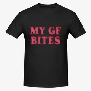 My GF Bites T-Shirt – Funny Relationship Graphic Tee for Couples, Unisex Cotton Short Sleeve Casual Streetwear Top, Crewneck Soft Breathable Summer Shirt, Cute Humor Gift for Him Her Valentine’s Day Outfit