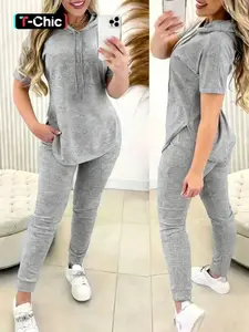 Women's Hooded Neck Short-Sleeve Drop-Shoulder Knit Pants Set Womenswear, Ideal for Casual Everyday Wear 2pcs Outfit