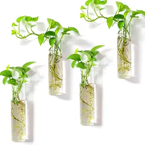 Kingbuy Wall-Mounted Plant Terrarium Propagation Station 4 Cylinder Hanging Glass Tubes for Hydroponic Plants Indoor Wall Vases Decorative Plant Holder for Bathroom Office Living Room Decor