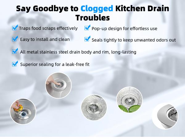 Hibbent Metal Kitchen Sink Drain Strainer and Stopper, Stainless Steel | Upgraded Universal 3 in 1 Pop Up Design, Detachable Larger Anti-Clog Basket, 3-Layer Seal Plug for Standard 3-1/2" Drain