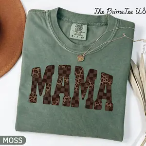 Comfort Colors Moss T-Shirt “MAMA” Leopard & Checkered Print, Premium Cotton, Unisex Fit, Stylish Casual Mom Shirt